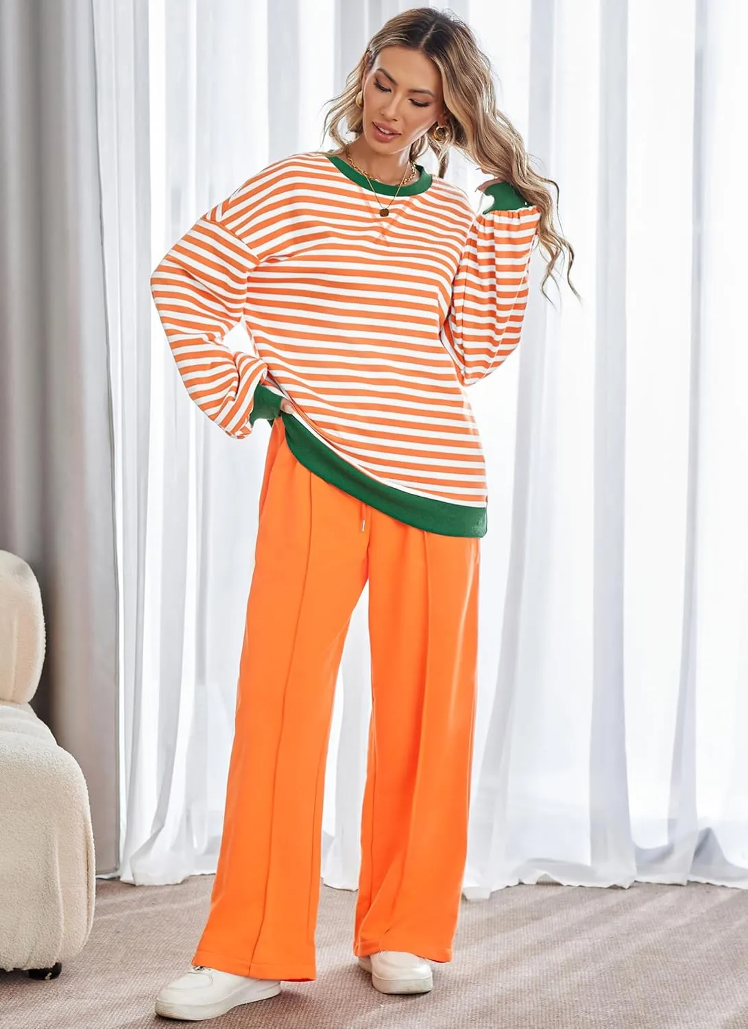 Women's 2 Piece Outfits Striped Color Block Oversized Sweatshirt Wide Leg Sweatpants Trendy Tracksuit Lounge Sets