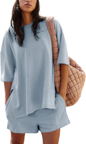 Women's 2 Piece Tracksuits Oversized Casual Sweatsuit Short Sleeve Wide Leg Pants Lounge Sets