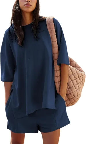 Women's 2 Piece Tracksuits Oversized Casual Sweatsuit Short Sleeve Wide Leg Pants Lounge Sets