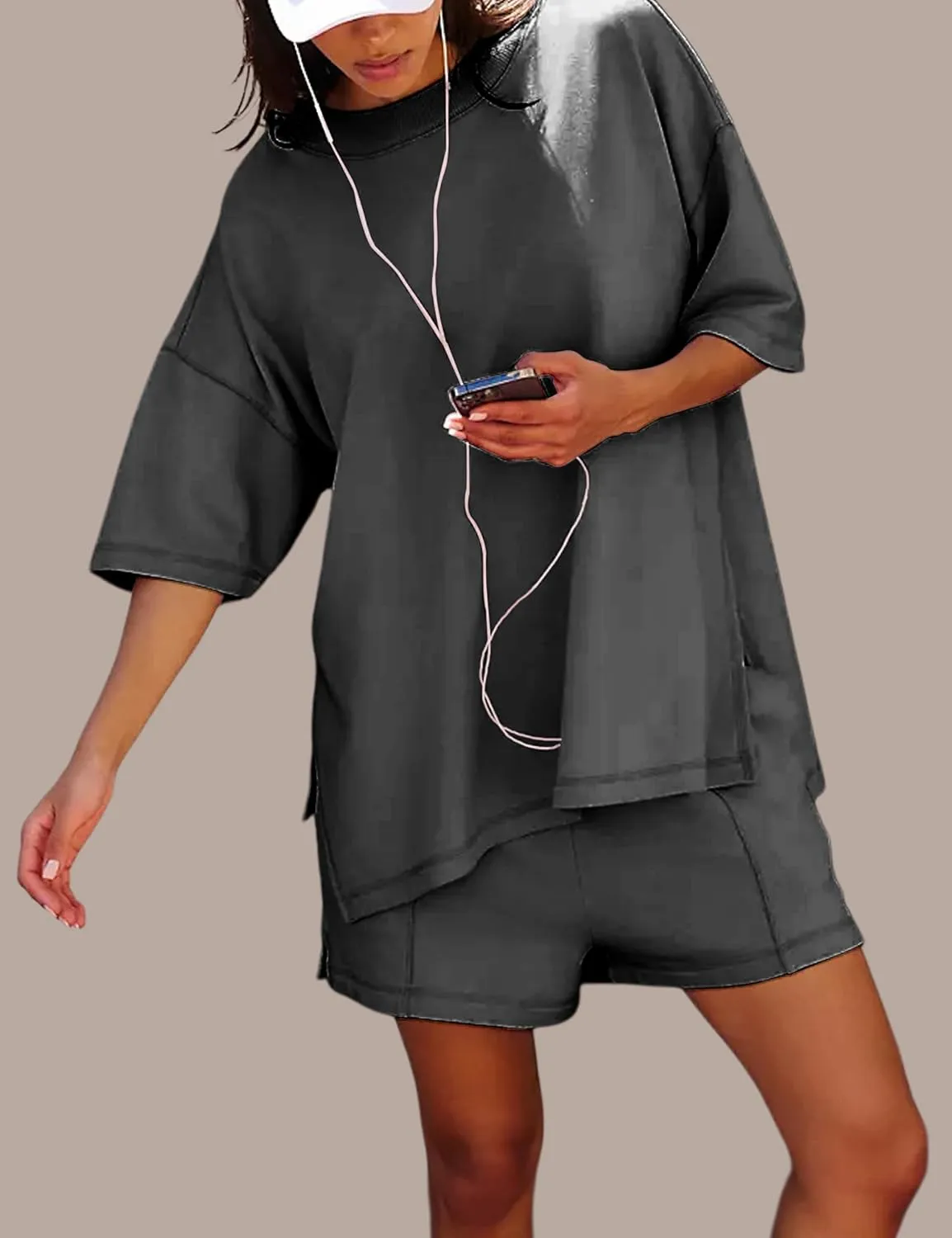Women's 2 Piece Tracksuits Oversized Casual Sweatsuit Short Sleeve Wide Leg Pants Lounge Sets