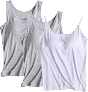Women's 3 PC Cotton Solid Camisole Tops Built in Bra No Steel Rings Summer Casual Sleeveless Sports Tank 2025 Basic