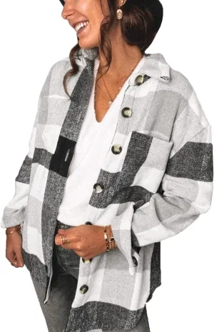 Women's Brushed Plaid Shirts Long Sleeve Flannel Lapel Button Down Cardigan Boyfriend Shacket Jacket Coats
