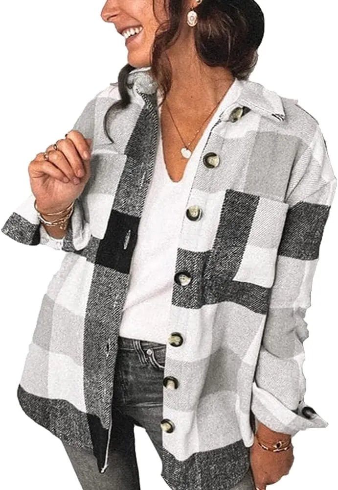 Women's Brushed Plaid Shirts Long Sleeve Flannel Lapel Button Down Cardigan Boyfriend Shacket Jacket Coats