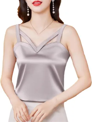 Women's Camisole Shirt Spring and Summer Silk Satin Vest Sleeveless Hollow Top