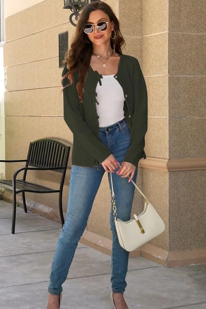 Women's Cardigan Sweaters Bow Button Down Cardigans Fall Fashion Clothes Knit Tie Open Front Coats