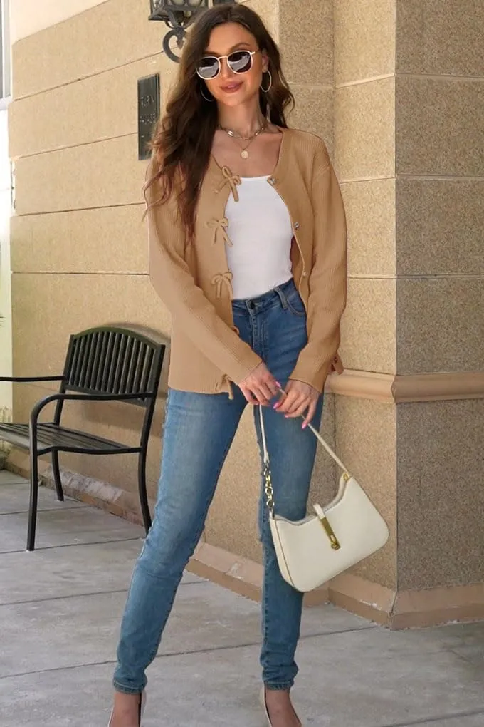 Women's Cardigan Sweaters Bow Button Down Cardigans Fall Fashion Clothes Knit Tie Open Front Coats