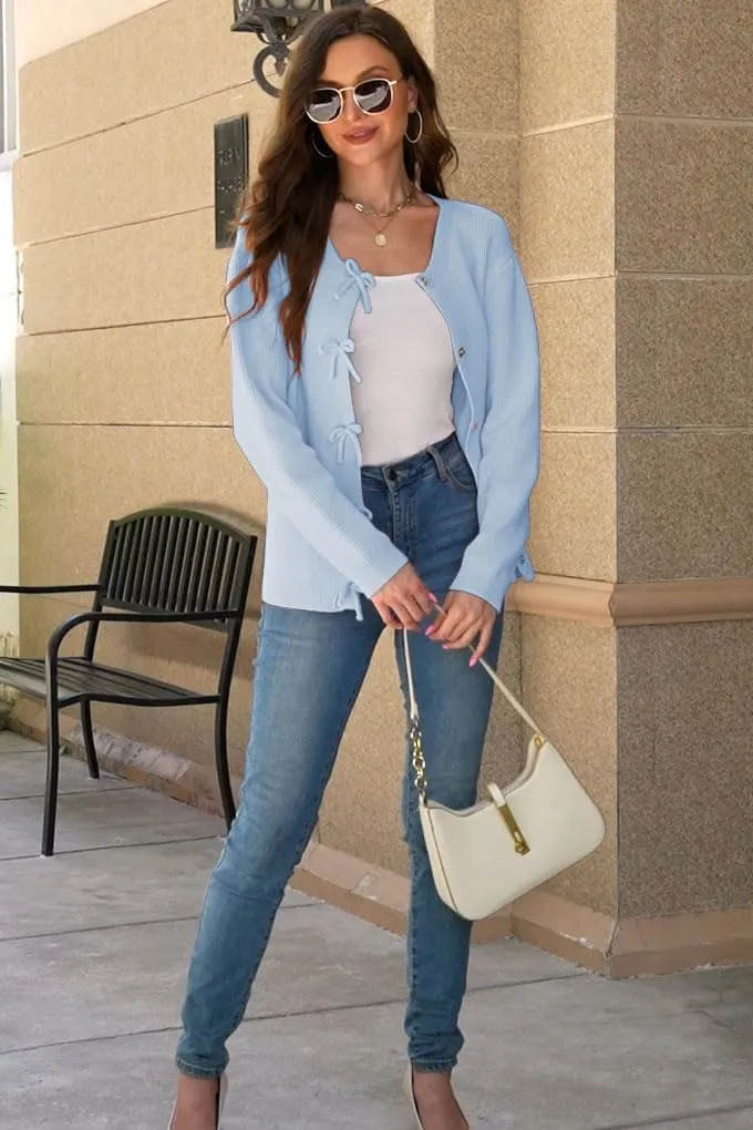 Women's Cardigan Sweaters Bow Button Down Cardigans Fall Fashion Clothes Knit Tie Open Front Coats