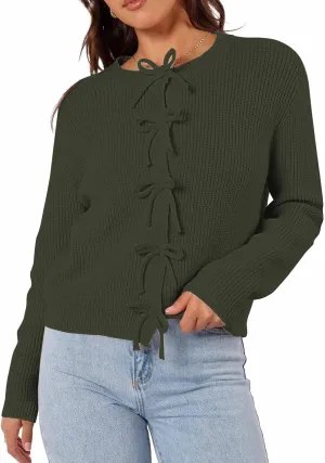 Women's Cardigan Sweaters Bow Button Down Cardigans Fall Fashion Clothes Knit Tie Open Front Coats