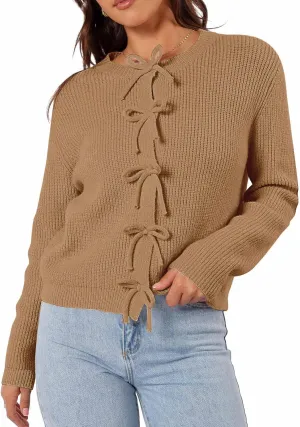 Women's Cardigan Sweaters Bow Button Down Cardigans Fall Fashion Clothes Knit Tie Open Front Coats