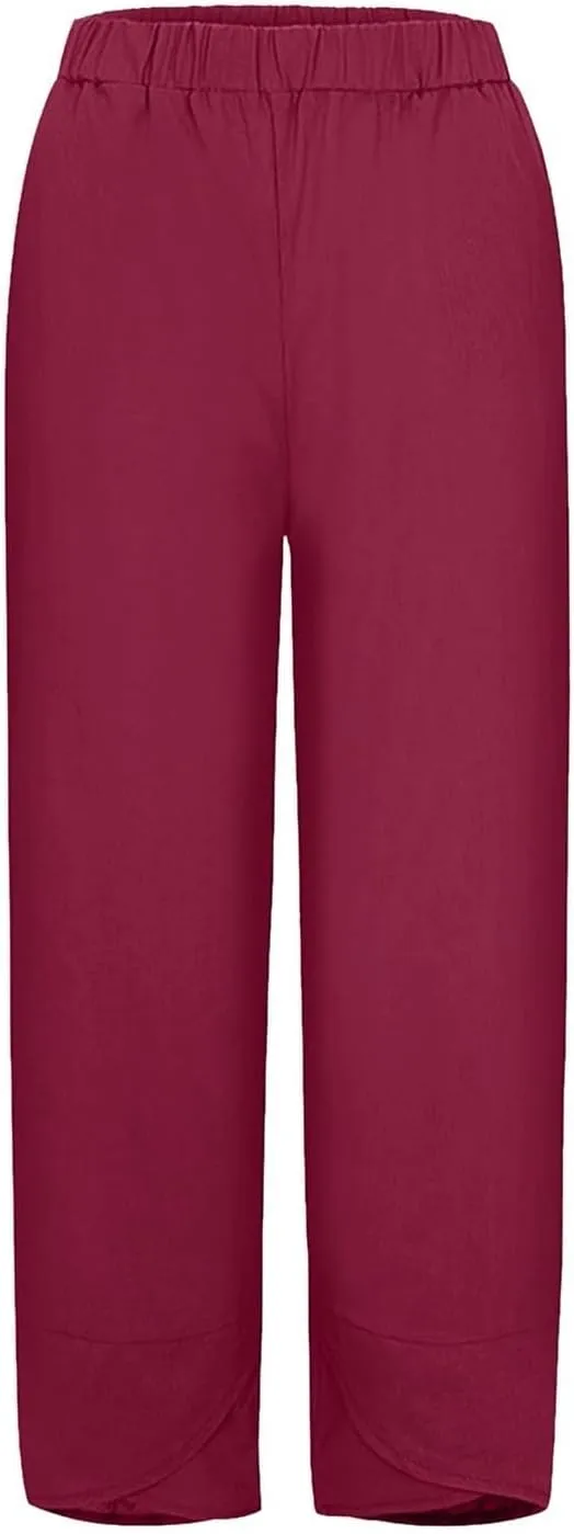Womens Casual Cotton Linen Pants Trendy Elastic High Waist Crossover Leg Harem Trouser Workout Sport Lounge Sweatpant