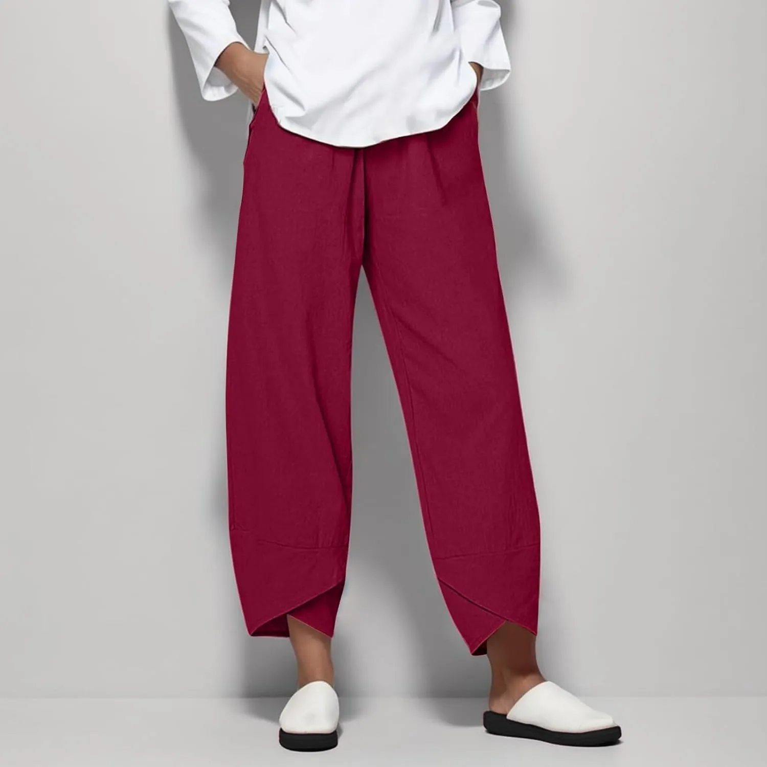 Womens Casual Cotton Linen Pants Trendy Elastic High Waist Crossover Leg Harem Trouser Workout Sport Lounge Sweatpant