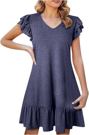 Women's Casual Dresses V Neck Smocked Shoulder Ruffle Layered Sleeve Tshirt Dress Loose Flowy A-Line Swing Mini Dress
