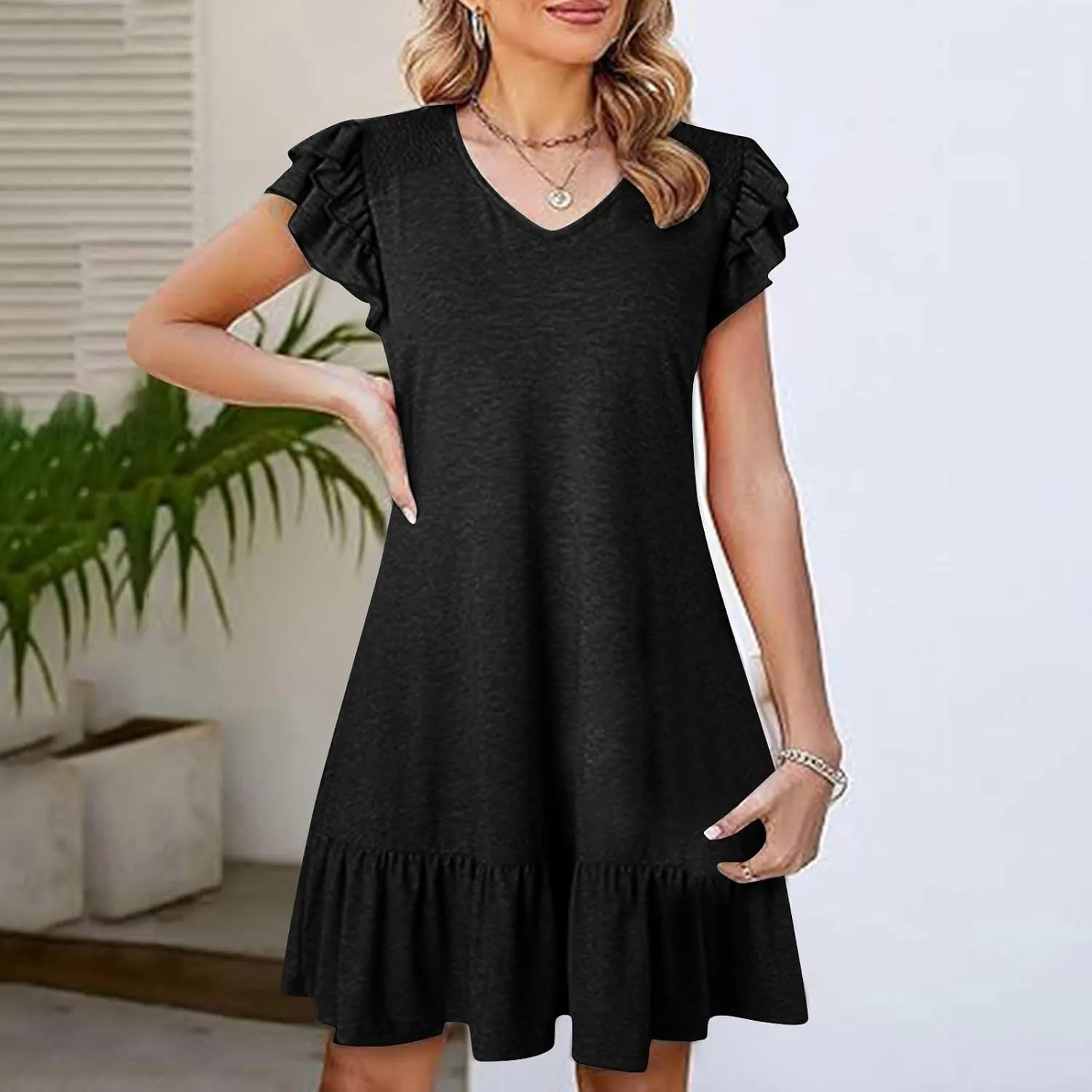Women's Casual Dresses V Neck Smocked Shoulder Ruffle Layered Sleeve Tshirt Dress Loose Flowy A-Line Swing Mini Dress