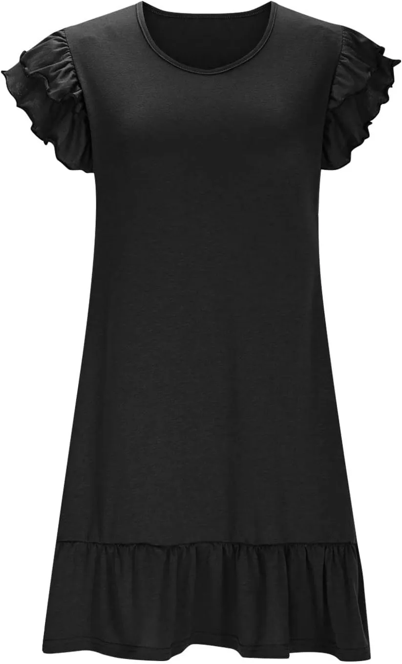 Women's Casual Dresses V Neck Smocked Shoulder Ruffle Layered Sleeve Tshirt Dress Loose Flowy A-Line Swing Mini Dress