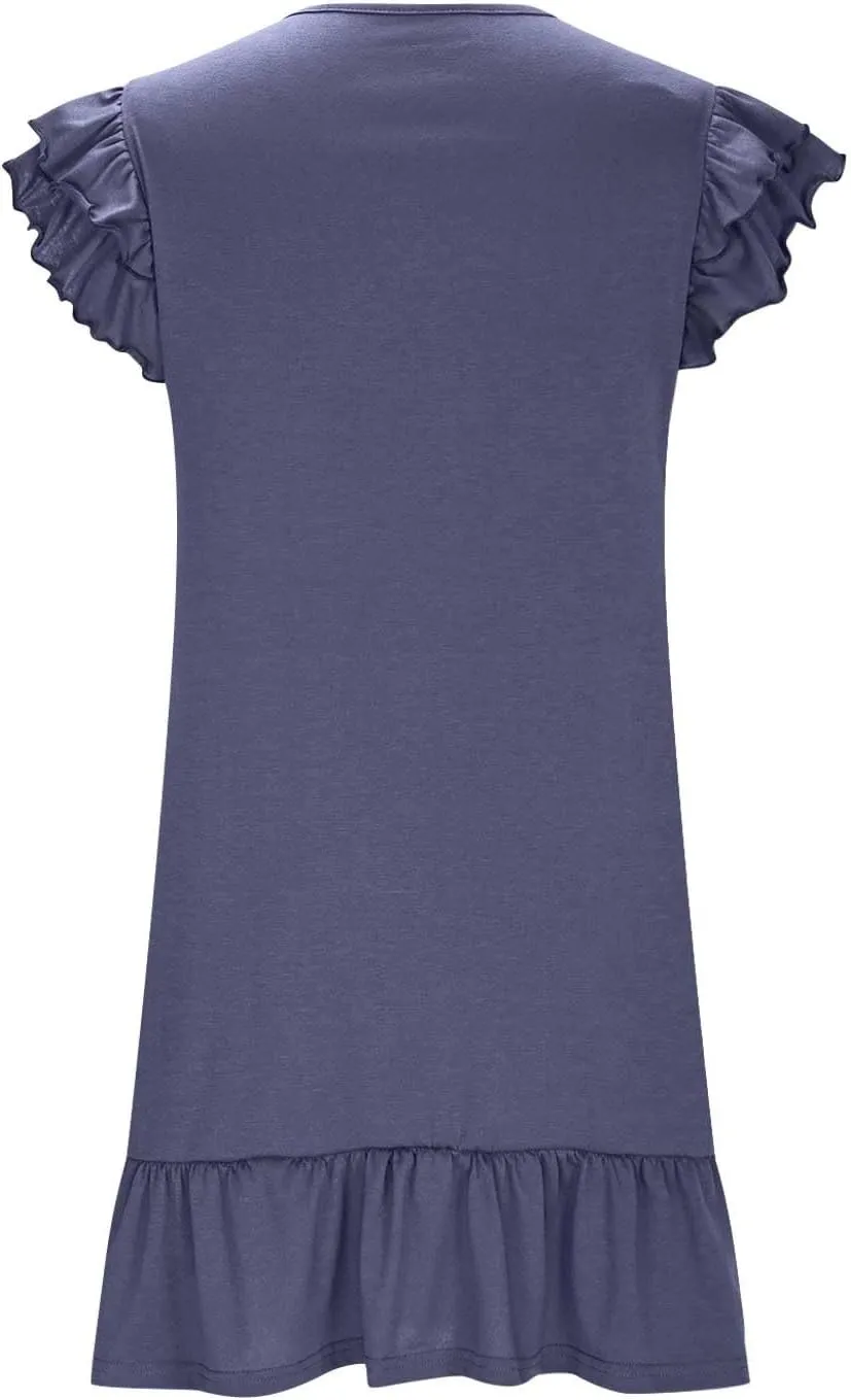 Women's Casual Dresses V Neck Smocked Shoulder Ruffle Layered Sleeve Tshirt Dress Loose Flowy A-Line Swing Mini Dress