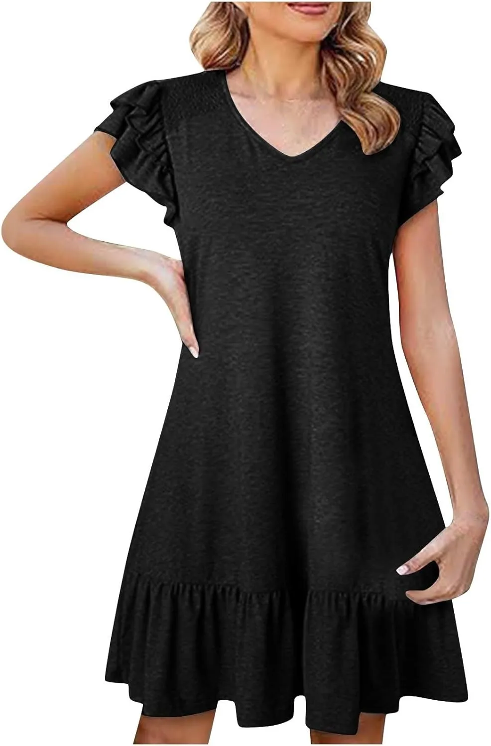 Women's Casual Dresses V Neck Smocked Shoulder Ruffle Layered Sleeve Tshirt Dress Loose Flowy A-Line Swing Mini Dress