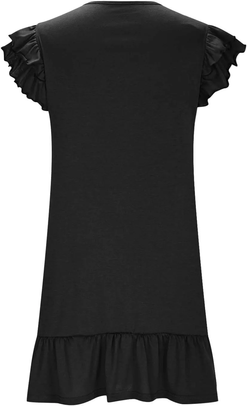 Women's Casual Dresses V Neck Smocked Shoulder Ruffle Layered Sleeve Tshirt Dress Loose Flowy A-Line Swing Mini Dress