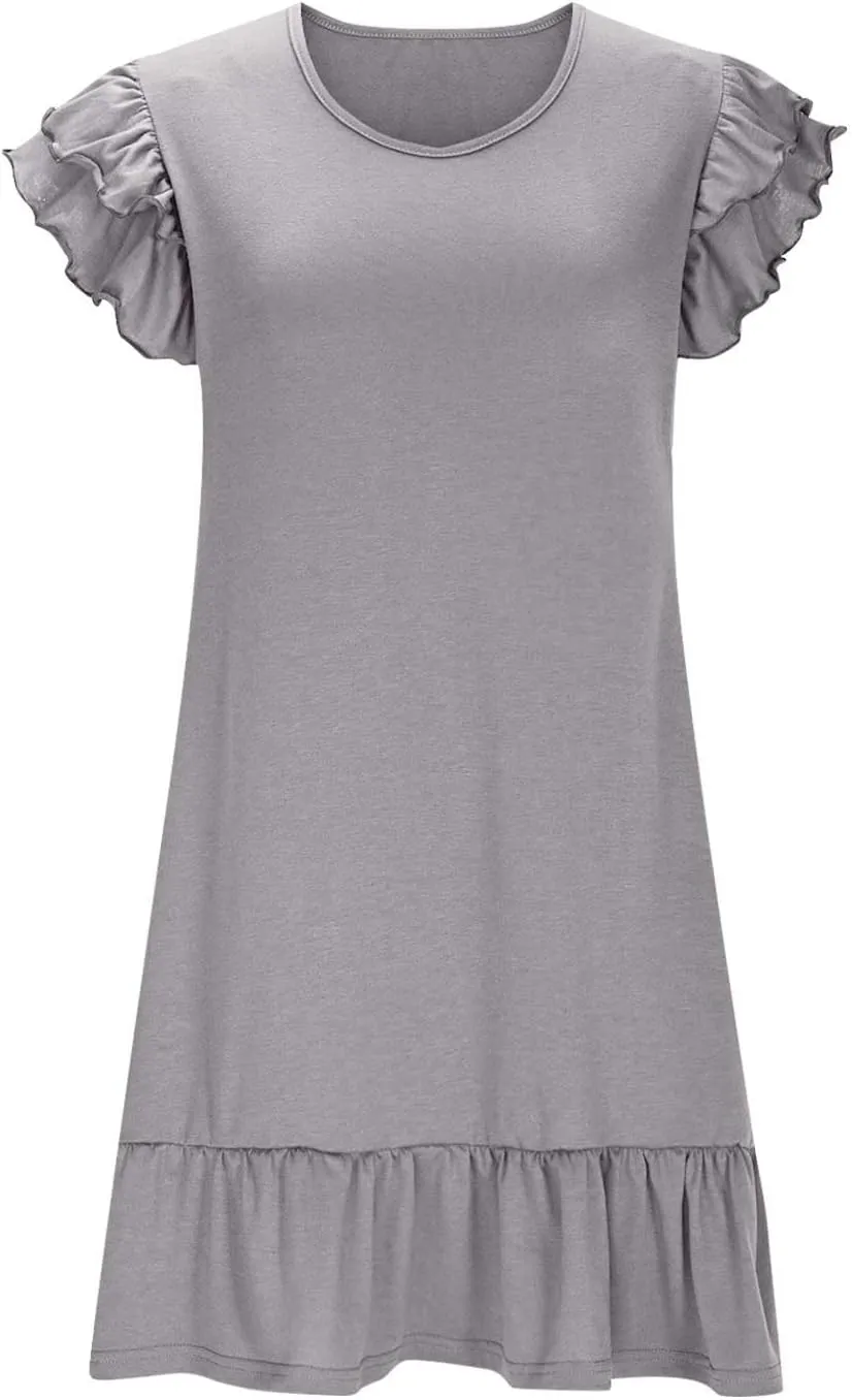Women's Casual Dresses V Neck Smocked Shoulder Ruffle Layered Sleeve Tshirt Dress Loose Flowy A-Line Swing Mini Dress