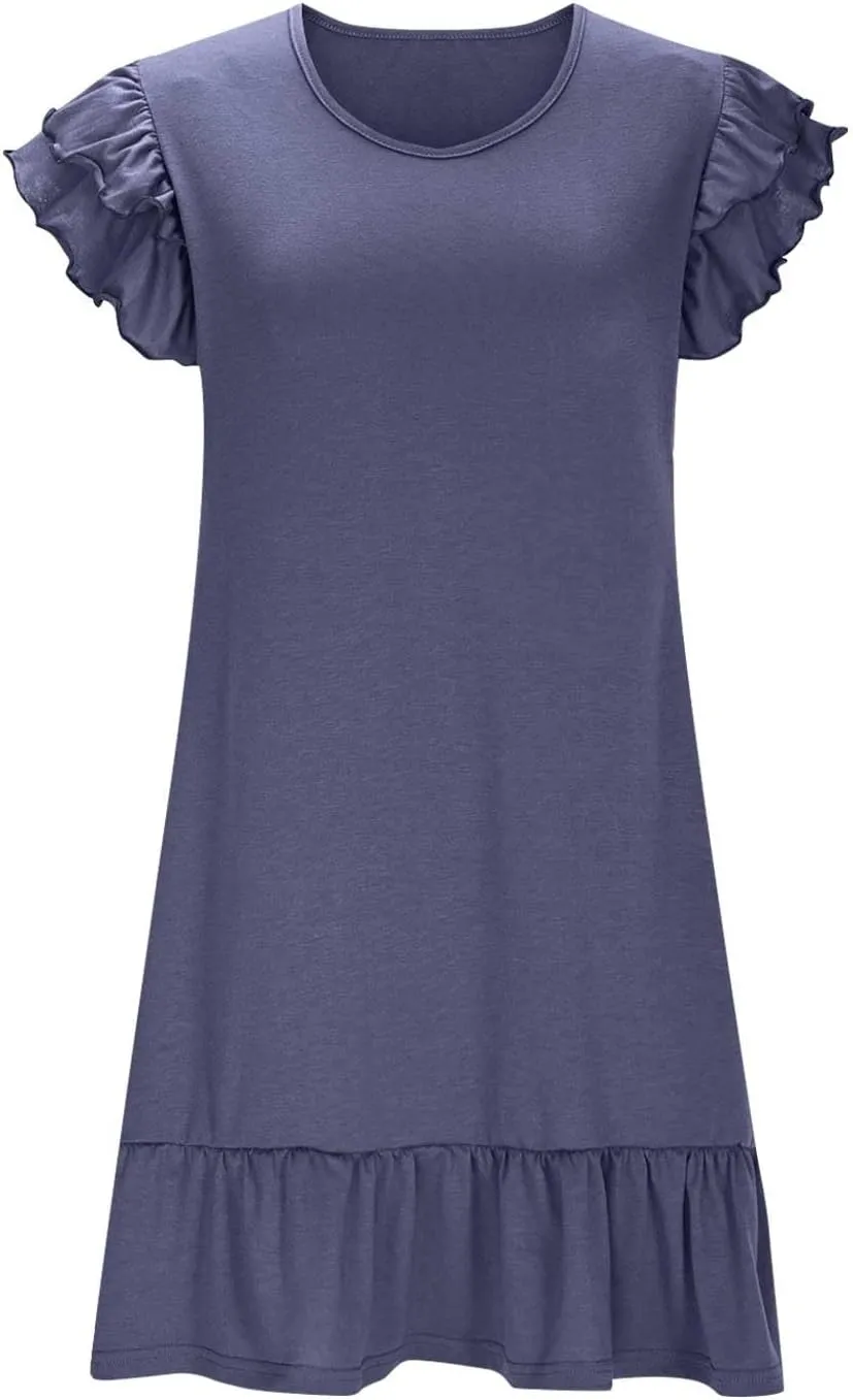 Women's Casual Dresses V Neck Smocked Shoulder Ruffle Layered Sleeve Tshirt Dress Loose Flowy A-Line Swing Mini Dress