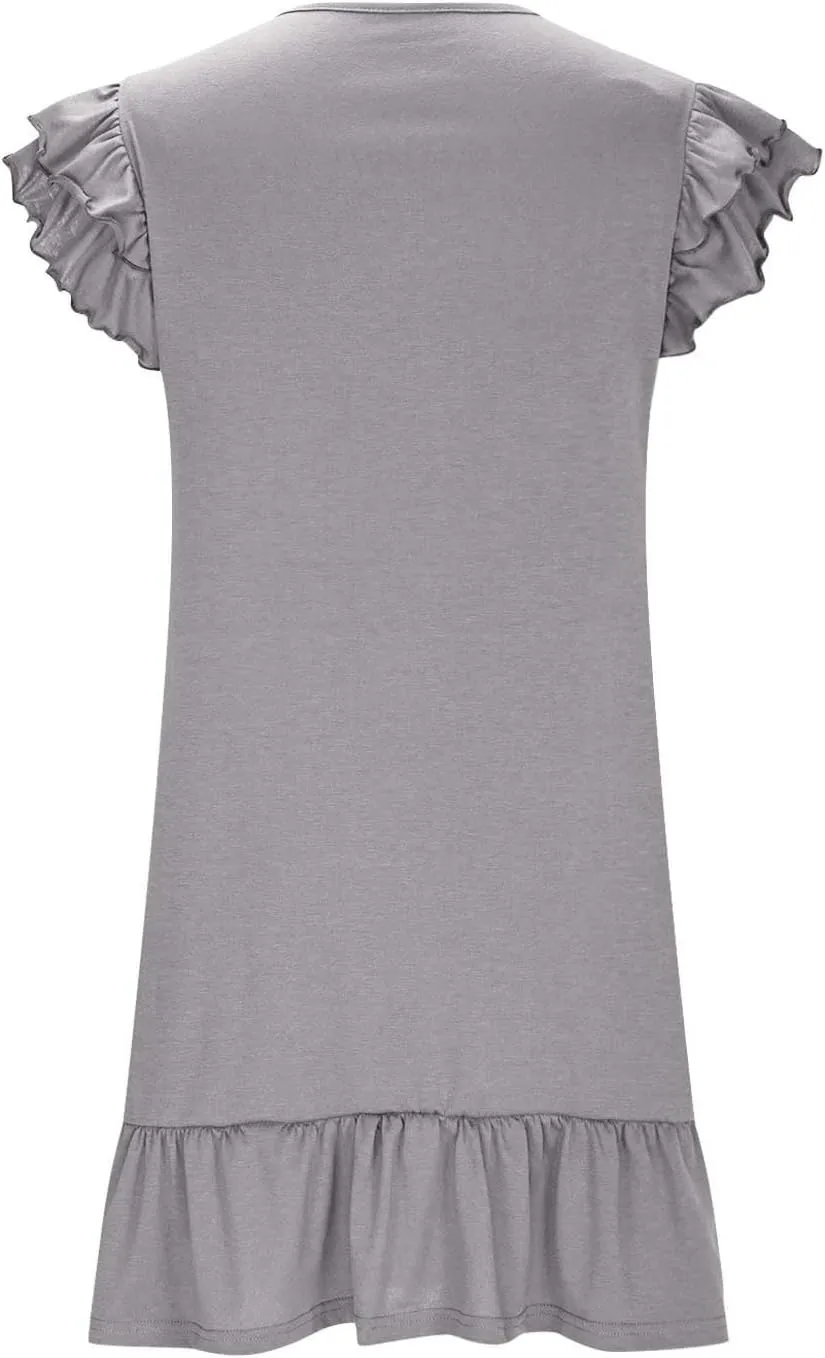 Women's Casual Dresses V Neck Smocked Shoulder Ruffle Layered Sleeve Tshirt Dress Loose Flowy A-Line Swing Mini Dress