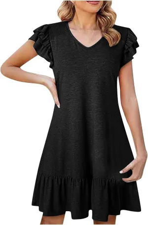 Women's Casual Dresses V Neck Smocked Shoulder Ruffle Layered Sleeve Tshirt Dress Loose Flowy A-Line Swing Mini Dress