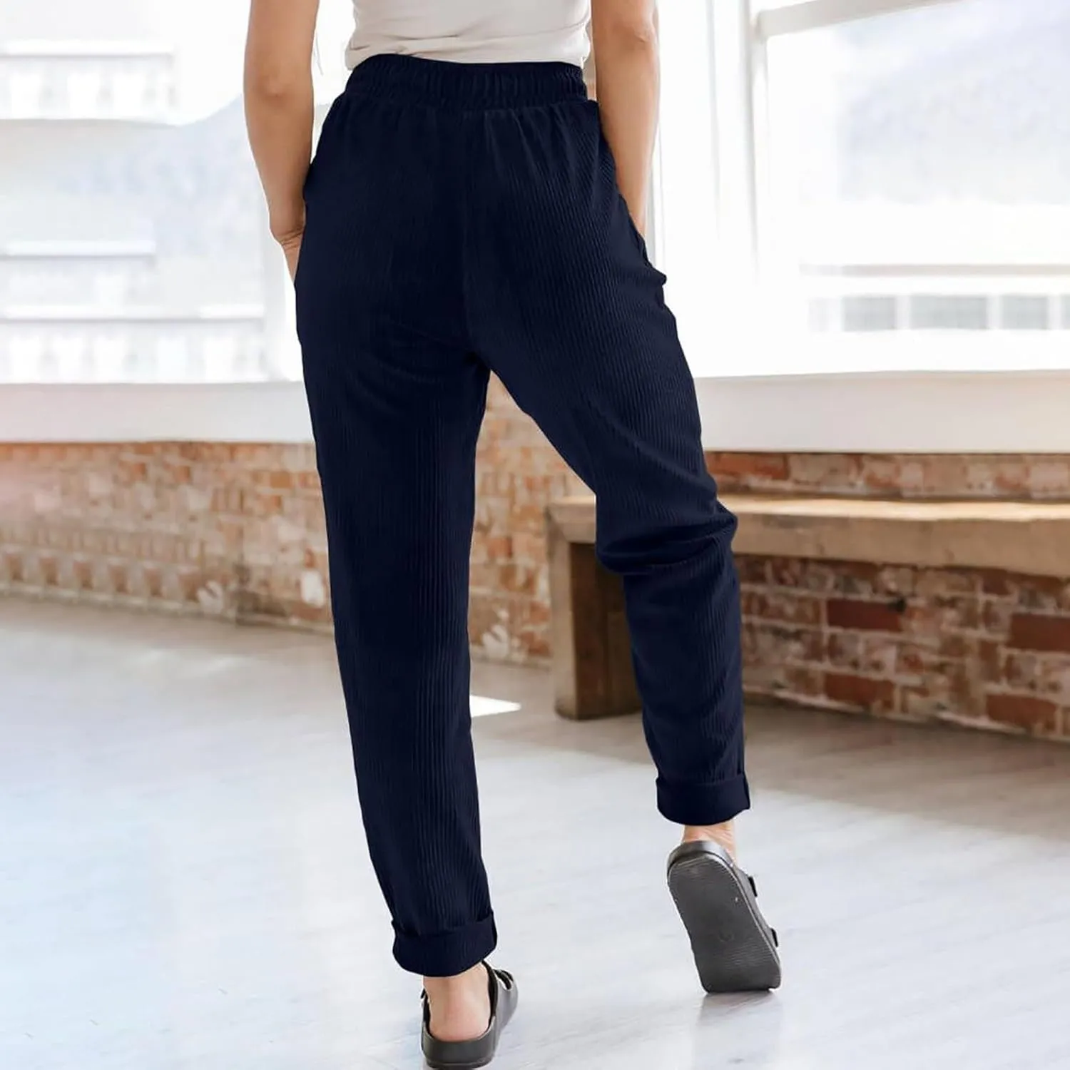 Womens Corduroy Cuffed Pants 2025 Trendy High Waisted Straight Leg Drawstring Trousers Work Office Dress Casual Pants