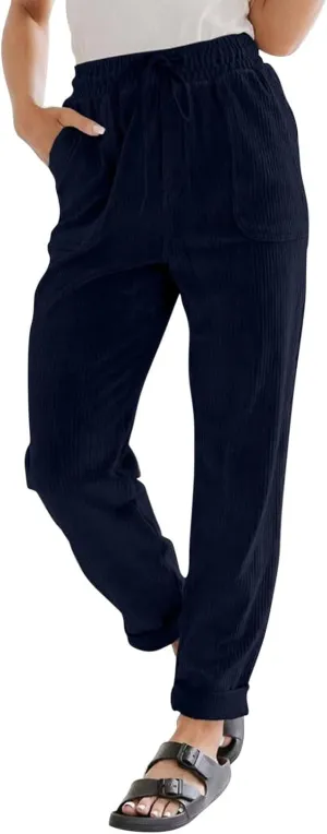 Womens Corduroy Cuffed Pants 2025 Trendy High Waisted Straight Leg Drawstring Trousers Work Office Dress Casual Pants