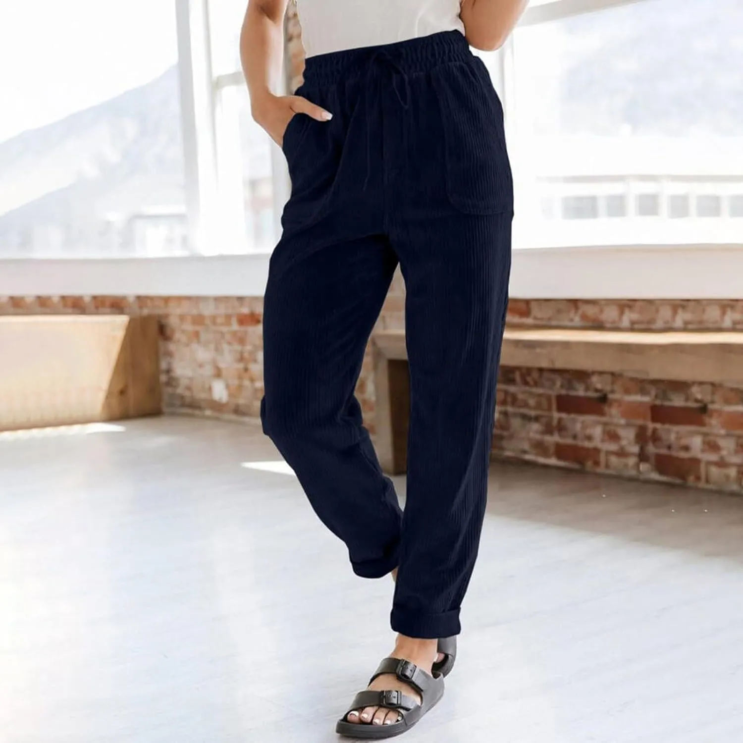Womens Corduroy Cuffed Pants 2025 Trendy High Waisted Straight Leg Drawstring Trousers Work Office Dress Casual Pants