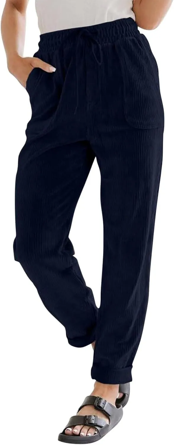 Womens Corduroy Cuffed Pants 2025 Trendy High Waisted Straight Leg Drawstring Trousers Work Office Dress Casual Pants