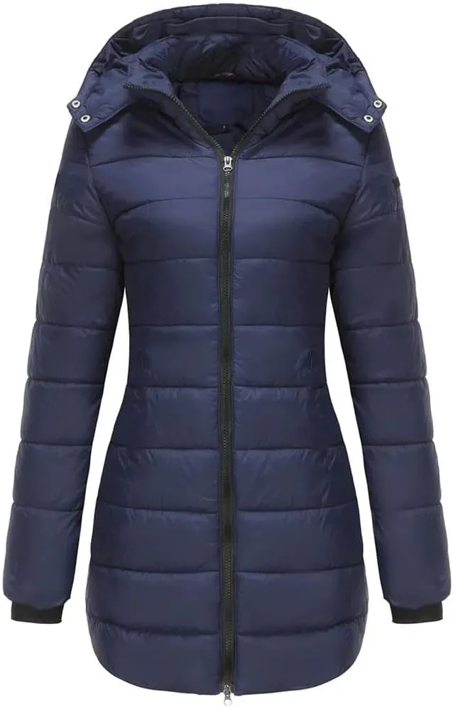 Women's Cotton Padded Jacket Waterproof Medium-Length Zipper Hooded Warm Coat Outdoor Overcoat