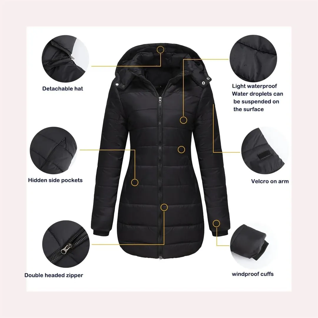 Women's Cotton Padded Jacket Waterproof Medium-Length Zipper Hooded Warm Coat Outdoor Overcoat