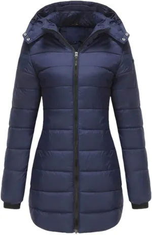 Women's Cotton Padded Jacket Waterproof Medium-Length Zipper Hooded Warm Coat Outdoor Overcoat
