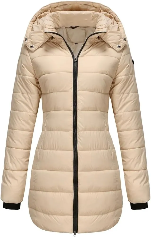 Women's Cotton Padded Jacket Waterproof Medium-Length Zipper Hooded Warm Coat Outdoor Overcoat