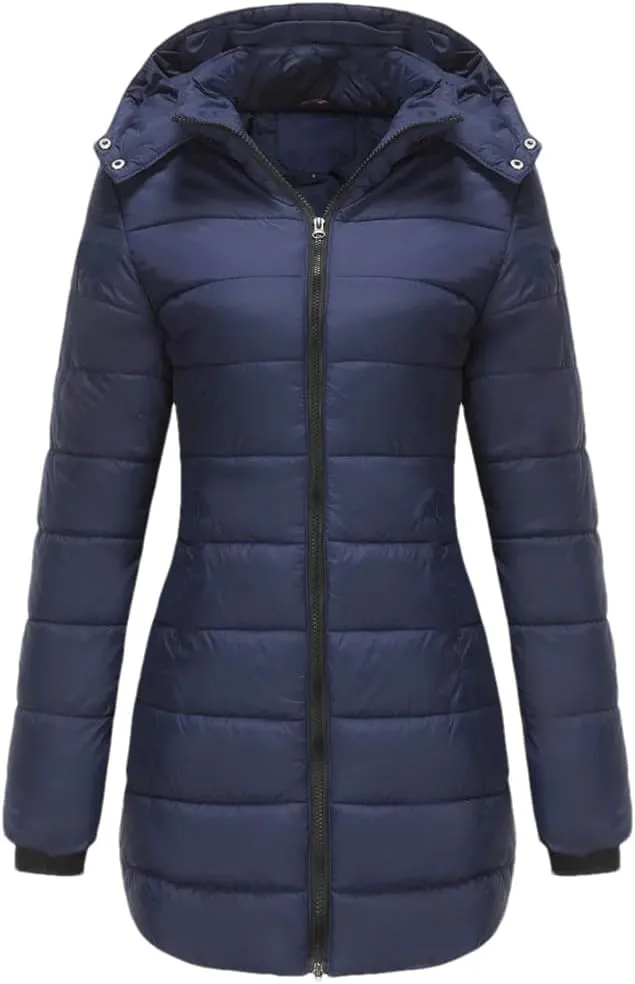 Women's Cotton Padded Jacket Waterproof Medium-Length Zipper Hooded Warm Coat Outdoor Overcoat