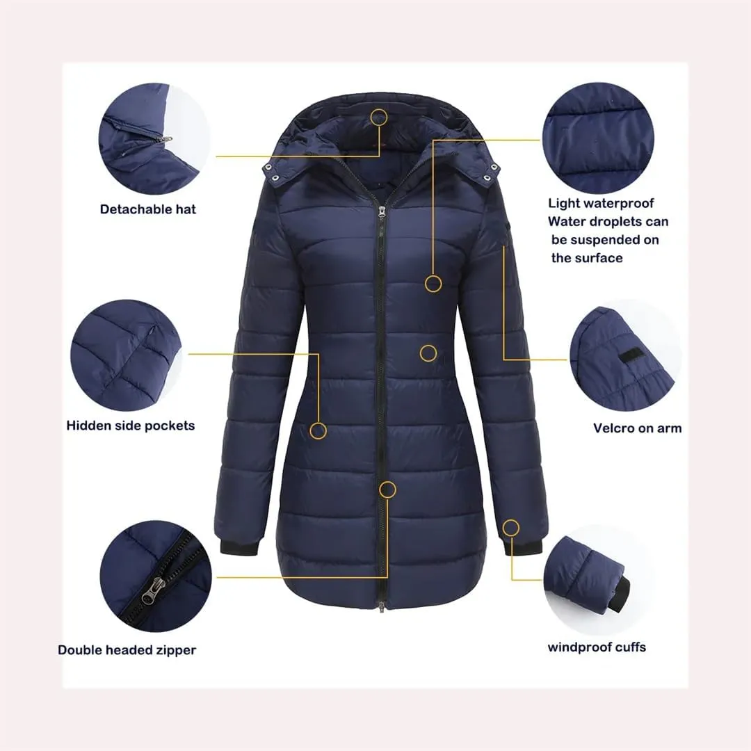 Women's Cotton Padded Jacket Waterproof Medium-Length Zipper Hooded Warm Coat Outdoor Overcoat
