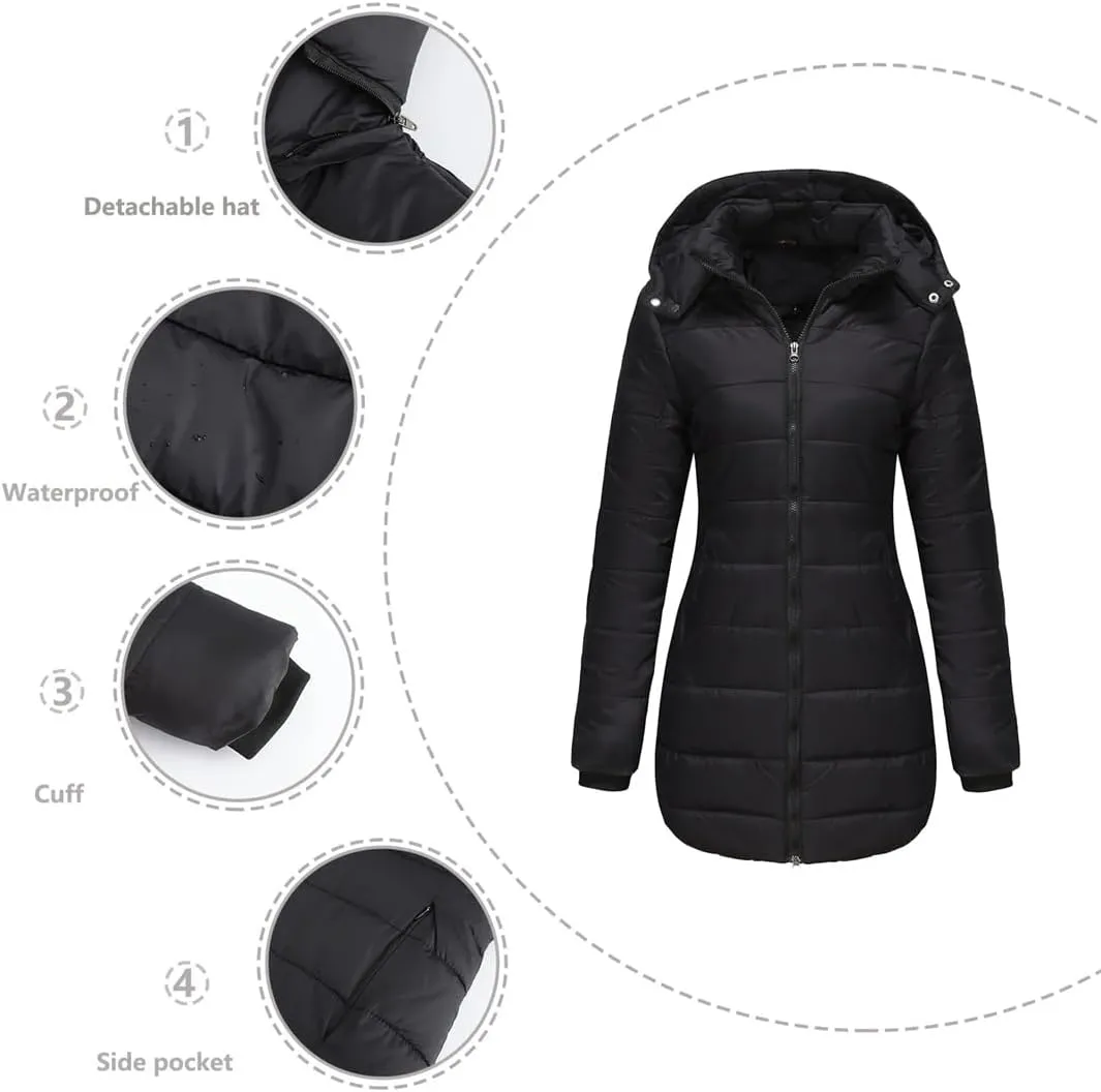 Women's Cotton Padded Jacket Waterproof Medium-Length Zipper Hooded Warm Coat Outdoor Overcoat
