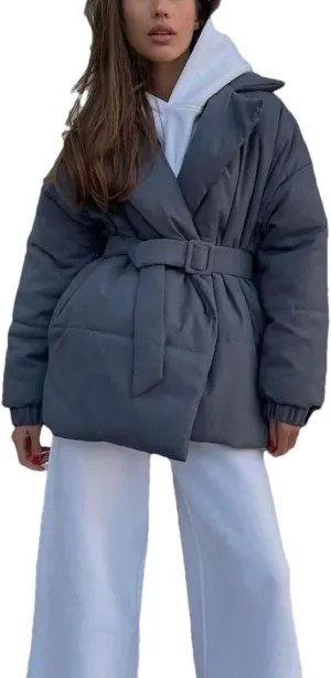 Women's Cotton Puffer Jacket Notch Collar Belted Thicken Thermale Cotton Padded Short Coat For Winter Quilted Jacket