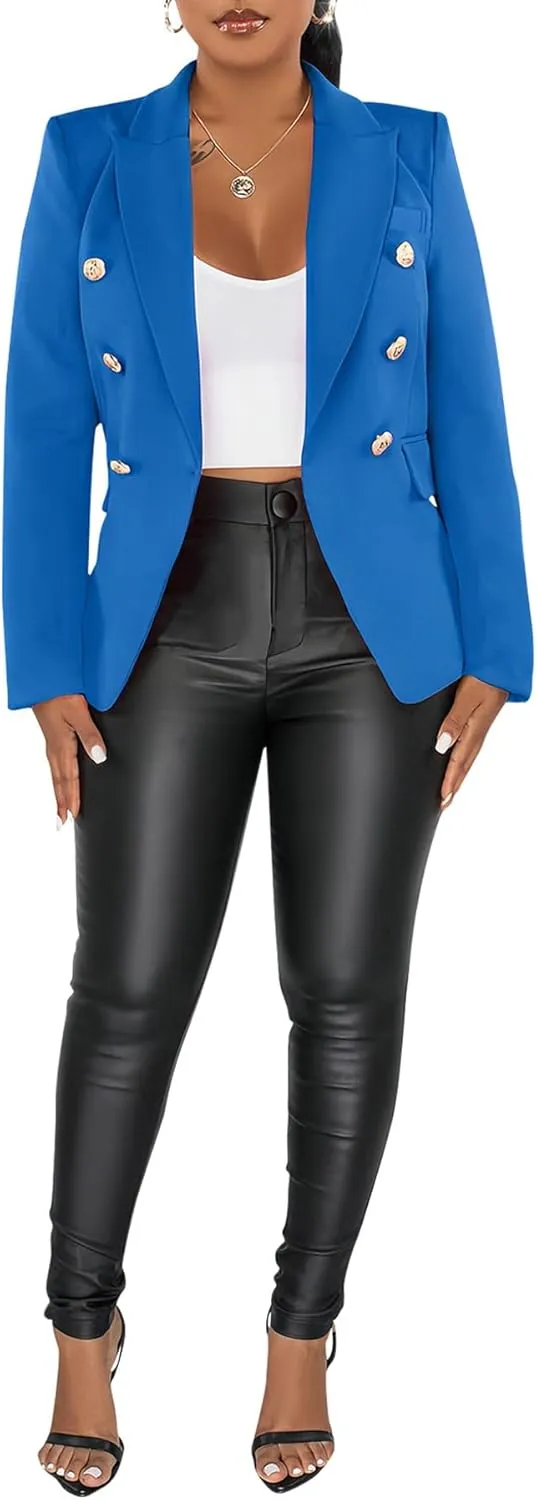 Women's Double Breasted Blazer Casual Long Sleeve Lapel Open Front Jacket Formal Business Work Office