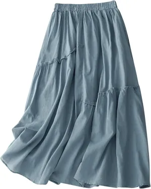 Womens Fairy Midi Skirts Summer New Double Layered Cotton Linen Skirts Elastic Waist Swing Pleated A-Line Skirts