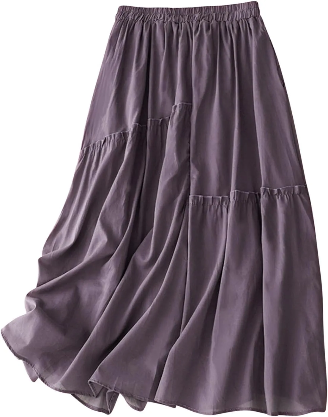 Womens Fairy Midi Skirts Summer New Double Layered Cotton Linen Skirts Elastic Waist Swing Pleated A-Line Skirts