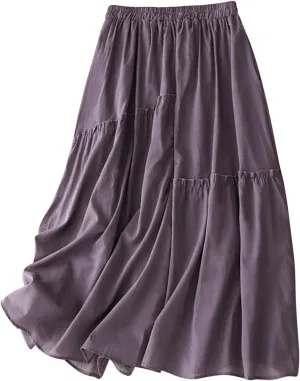 Womens Fairy Midi Skirts Summer New Double Layered Cotton Linen Skirts Elastic Waist Swing Pleated A-Line Skirts