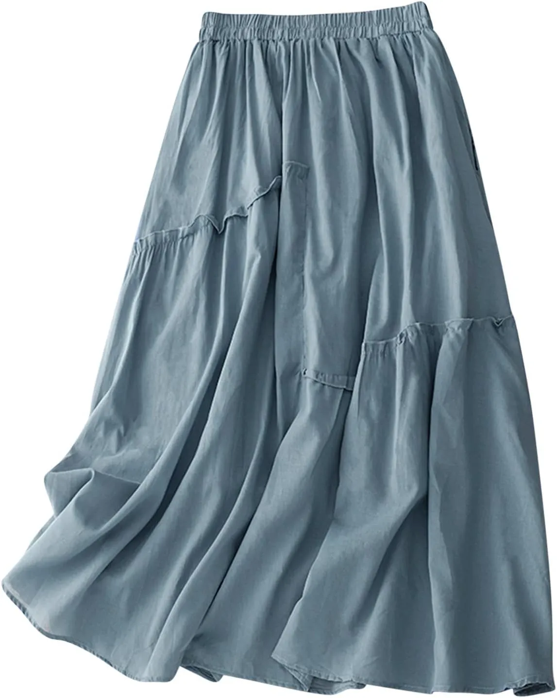 Womens Fairy Midi Skirts Summer New Double Layered Cotton Linen Skirts Elastic Waist Swing Pleated A-Line Skirts