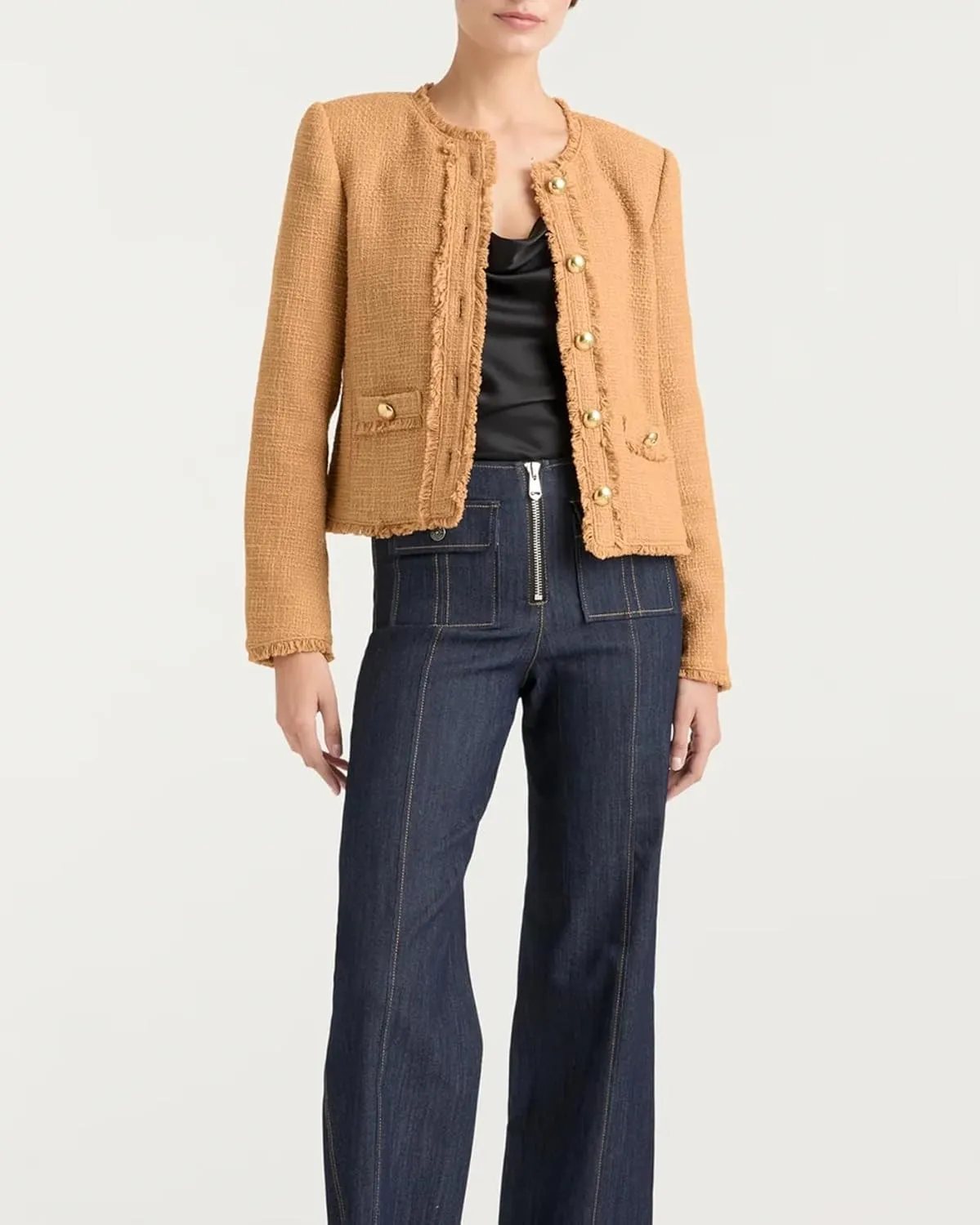 Women's Fall Tweed Blazer Jackets Elegant Button Down Fringed Tassel Cropped Jacket Coat Tops