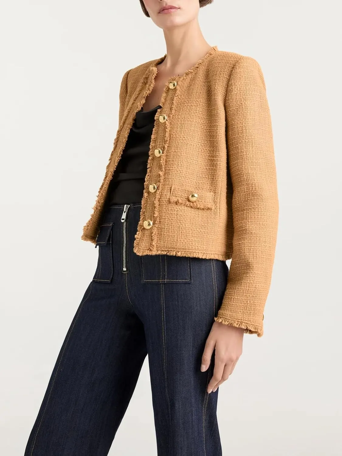 Women's Fall Tweed Blazer Jackets Elegant Button Down Fringed Tassel Cropped Jacket Coat Tops