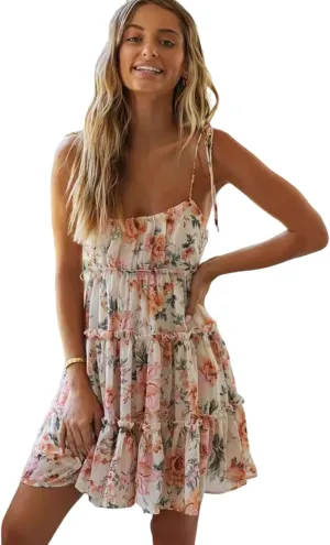Women's Floral mini Dress Bohemian Flower Skating Spaghetti Strap Ruffled Sleeveless Beach Summer Dress