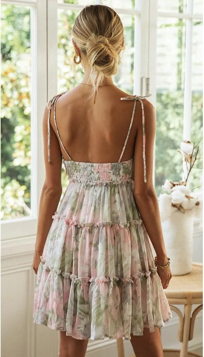 Women's Floral mini Dress Bohemian Flower Skating Spaghetti Strap Ruffled Sleeveless Beach Summer Dress