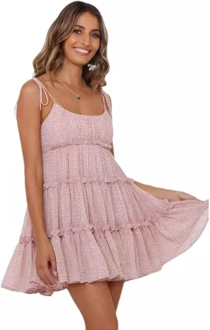 Women's Floral mini Dress Bohemian Flower Skating Spaghetti Strap Ruffled Sleeveless Beach Summer Dress