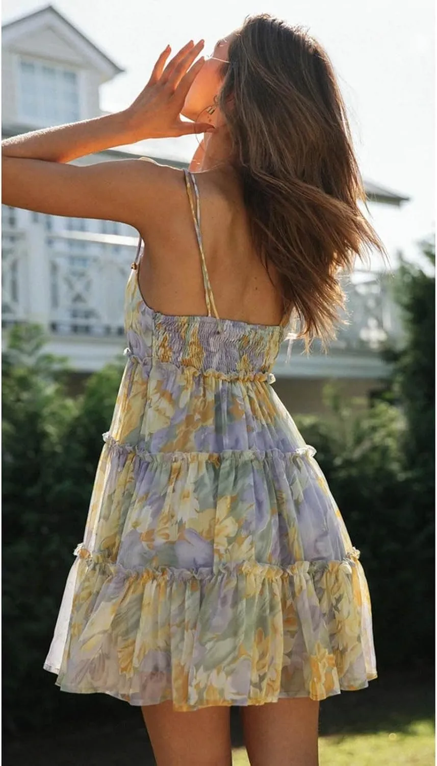 Women's Floral mini Dress Bohemian Flower Skating Spaghetti Strap Ruffled Sleeveless Beach Summer Dress
