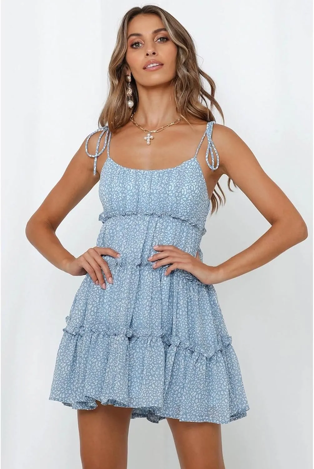 Women's Floral mini Dress Bohemian Flower Skating Spaghetti Strap Ruffled Sleeveless Beach Summer Dress