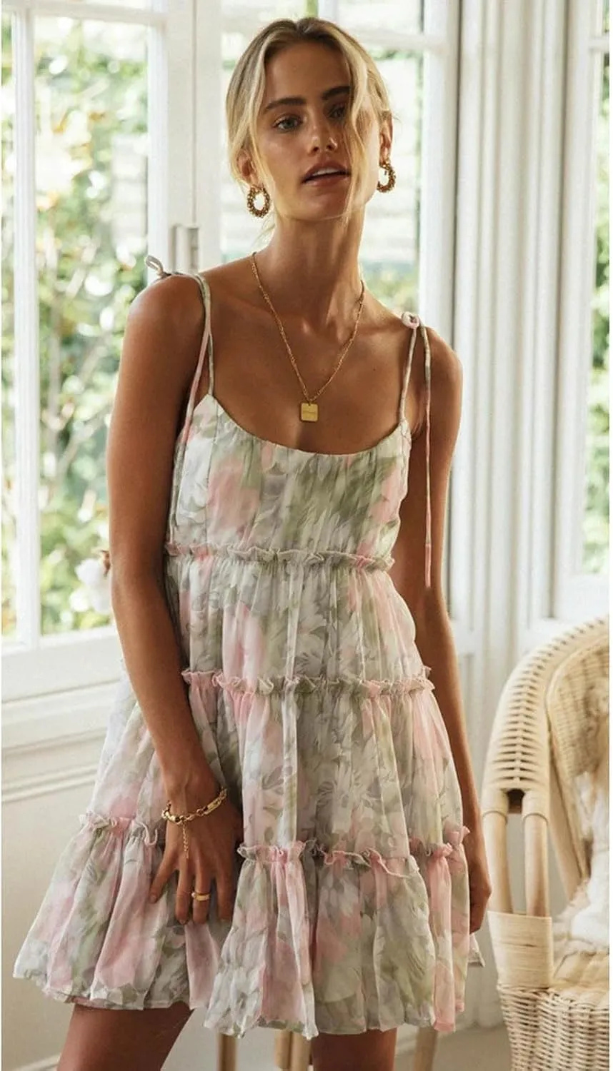 Women's Floral mini Dress Bohemian Flower Skating Spaghetti Strap Ruffled Sleeveless Beach Summer Dress
